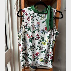 Ann Taylor Green & White Floral Sleeveless Mock Neck Top w/ Tie - Tall MT Size